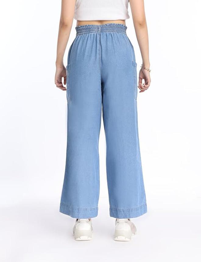 inkd Women's Wide Leg Jeans - High-Rise | 100% Cotton| Enzyme Wash | Elasticated Waistband | Jeans for Women - Image 3